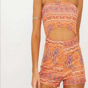 Orange Printed Bandeau Cut-Out Waist Romper NWT